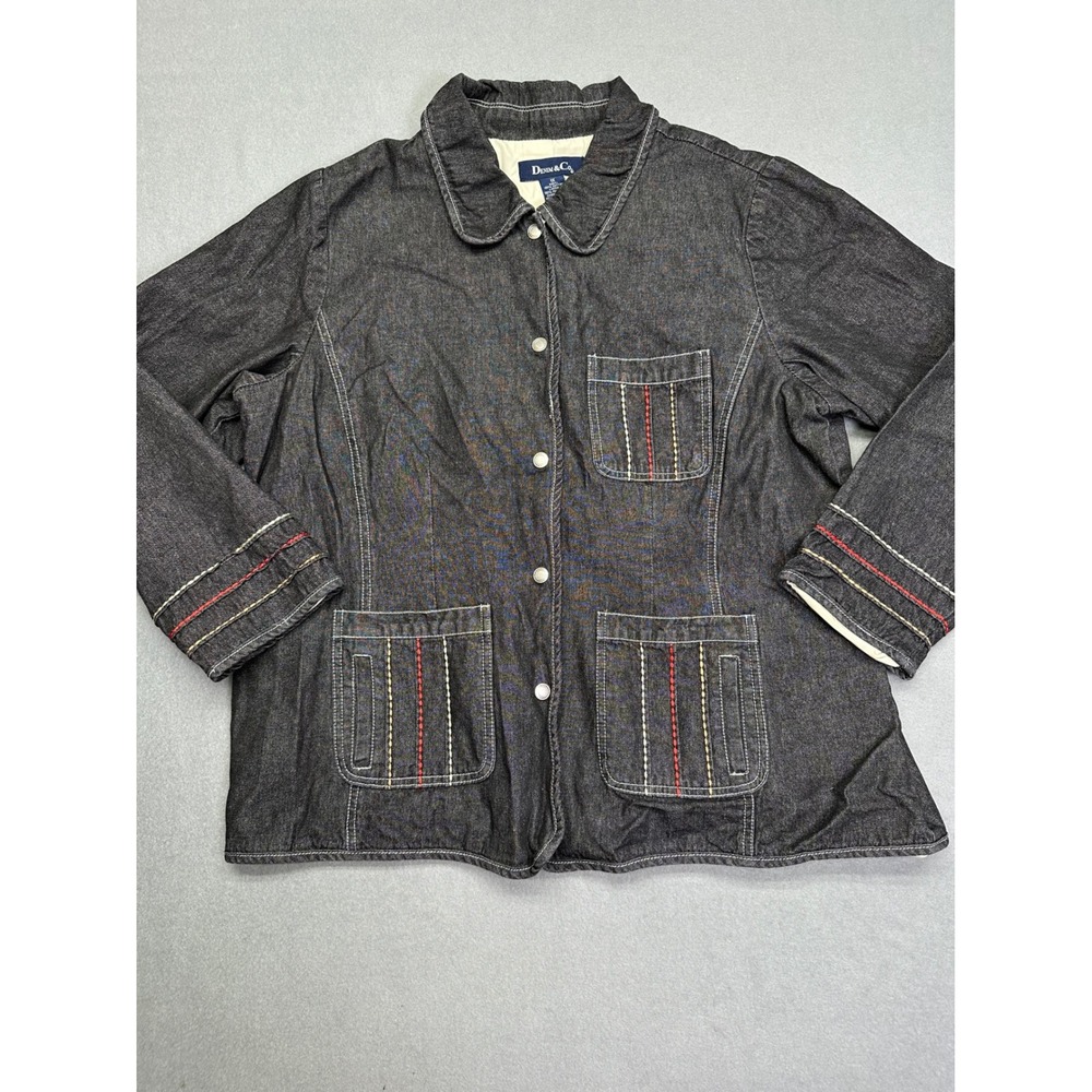 Denim & Co Black Denim Jacket Button Front Peter Pan Collar Contrast‎ Stitch 1X